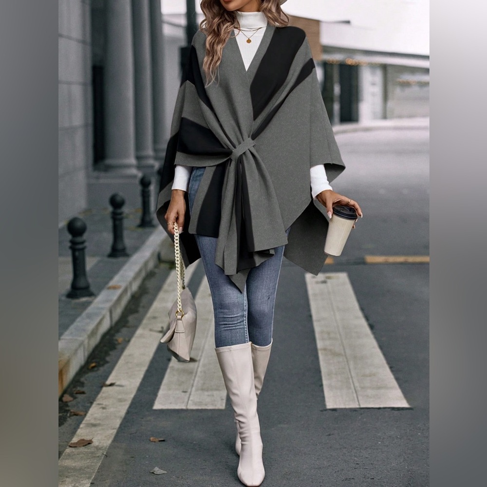 NWT💕Emery Rose Neutral Black Gray Striped Cloak Shawl Wrap Cape Wrap
